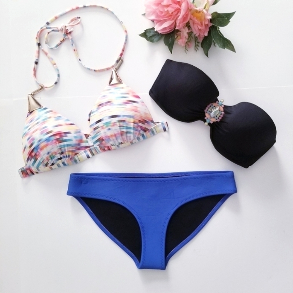 TRIANGL Blue Neoprene Swimsuit Bottom + Victoria's Secret Apollo Tops